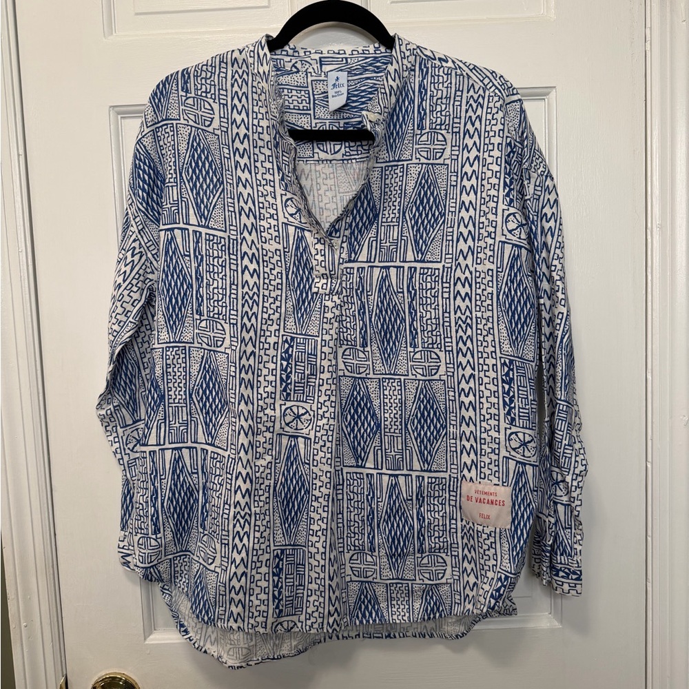 Felix Blue & White Printed 100%‎ Linen Tunic Top Boho Oversized Shirt One Size